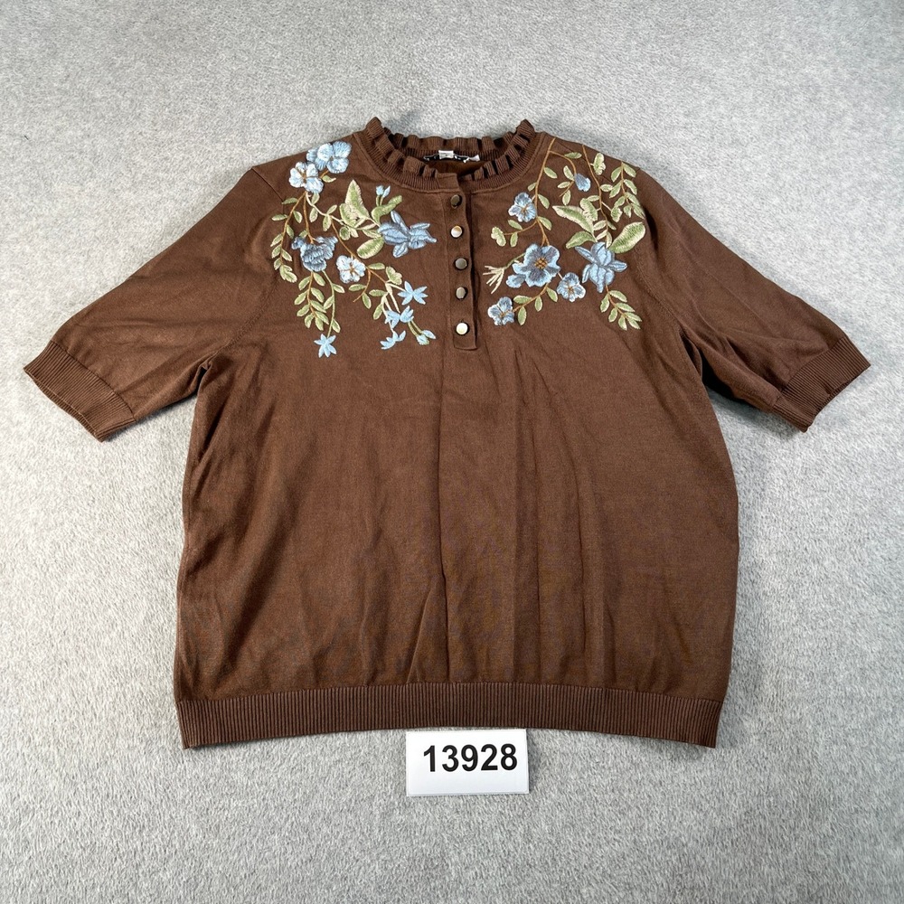 Chico's Henley Sweater Womens Large Brown Tight Knit Embroidered Floral Casual